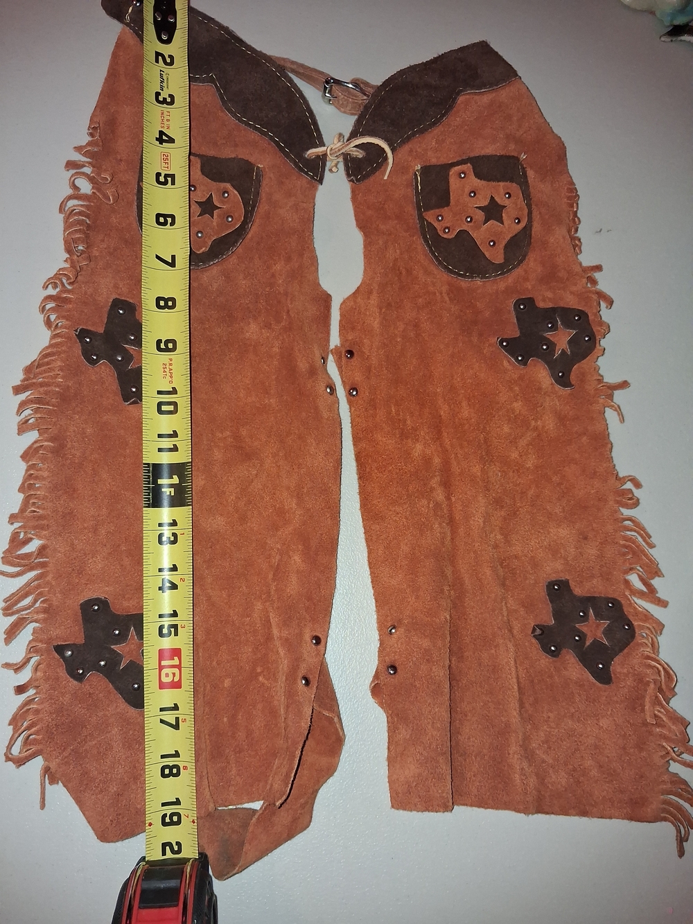 Suede Fringed Western Chaps with Texas Star Appliqués - Picture 2 of 5